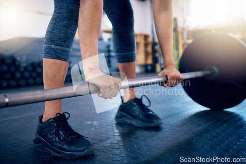 Image of Fitness, barbell and hands of woman at gym for weightlifting, training and exercise challenge. Strong, muscle and endurance with girl body builder lifting weights for workout, mindset and health