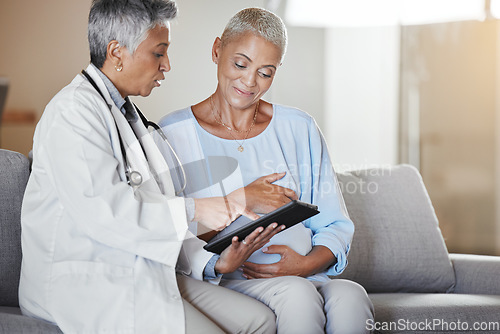 Image of Tablet, consulting or pregnant woman with doctor for medical check or monitor pregnancy healthcare progress. Digital, maternity or senior worker talking, speaking or helping patient with baby advice