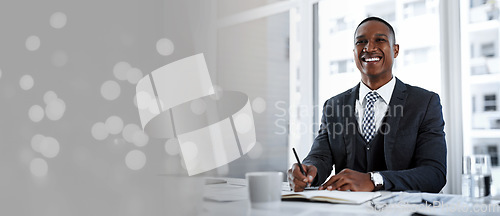 Image of Black businessman, notebook writing or planning office finance, company insurance policy or investment management. Portrait, smile or happy corporate worker, financial paper documents or bokeh mockup