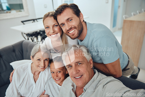 Image of Family, selfie and grandparents with girl, parents and smile for bonding, loving and lounge. Love, portrait and grandmother with grandfather, mama and dad with daughter, happiness and relax on sofa.