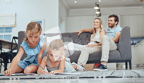 Image of Relax, children drawing and parents on sofa in the living room bonding, homeschool and kids learning. Education, family and girls doing homework on the floor with mother and father sitting on couch.