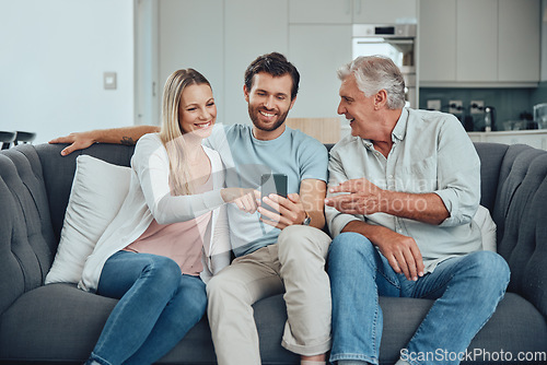 Image of Relax, search and phone with family on sofa for share internet, social media or online news. Care, retirement and help grandfather with man and woman in living room for technology, digital or contact