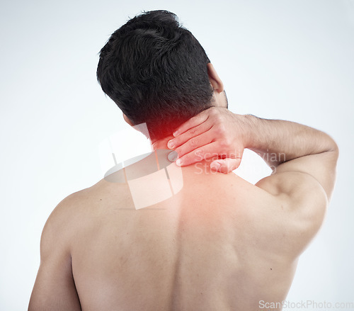 Image of Man, hands or body neck pain and glow on studio background in exercise, workout or training stress, tension or 3d muscle crisis. Abstract injury, sports athlete or fitness person in first aid burnout