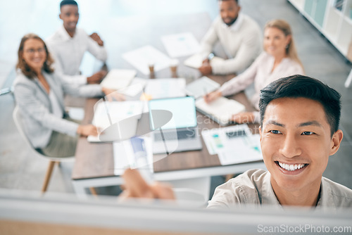 Image of Whiteboard, presentation or manager writing a strategy for sales revenue growth in a company office meeting. Ideas, leadership or happy businessman coaching, training or teaching employees analytics