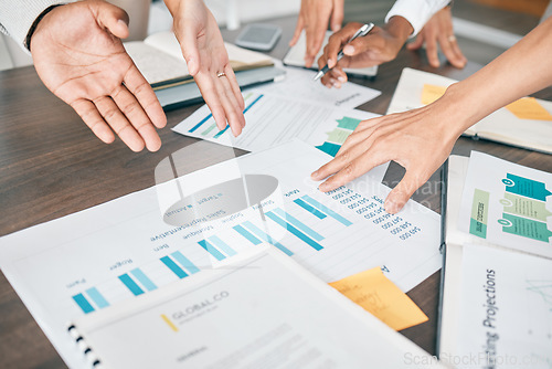 Image of Collaboration, documents and financial with a business team working together in an accounting office from above. Meeting, data and finance planning with a man and woman accountant group at work