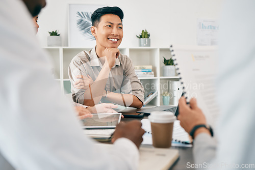 Image of Asian boss, business people and documents in negotiation, contract or smile in agreement at desk. Corporate leader, man or group in office with paperwork, deal or happiness for proposal in Tokyo