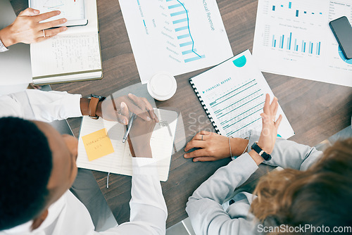 Image of Collaboration, documents and financial with a business team working together in an accounting office from above. Meeting, data and finance planning with a man and woman accountant group at work