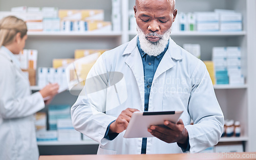 Image of Tablet, pharmacist and senior man in pharmacy for healthcare research. Technology, wellness and elderly black man and medical professional with touchscreen for medicine prescription and telehealth.