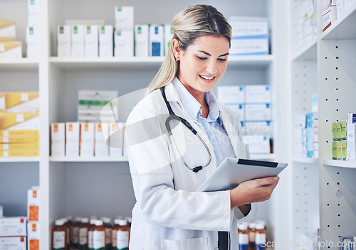 Image of Pharmacy, tablet and pharmacist with checklist, research or online prescription in drug store. Medicine, medical and woman with medication inventory on a mobile device in chemist or clinic dispensary