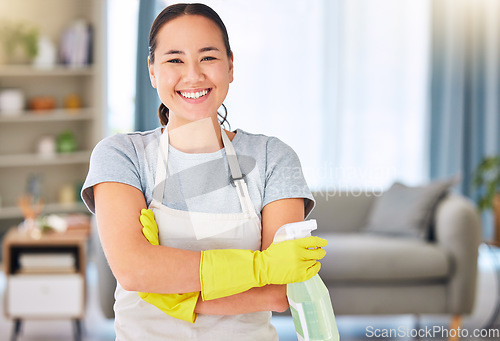 Image of Cleaning, housekeeping and portrait of Asian woman with detergents for spring cleaning dust, dirt and disinfection. Housework, cleaning service and happy female with spray bottle of cleaning products