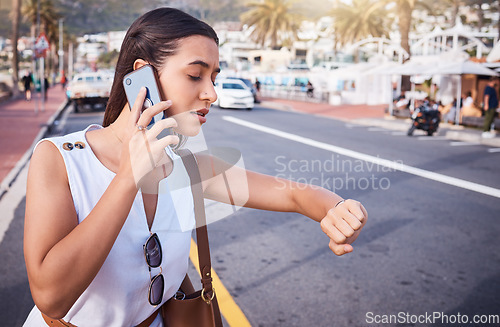 Image of Woman, phone call and street with time, taxi and traffic for travel to work for business. Corporate employee waiting, using phone and watch on road, urban outdoor or metro for transportation