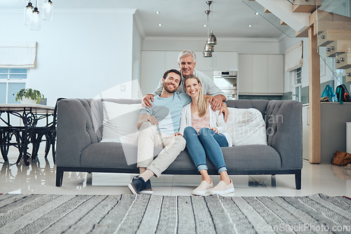 Image of Couple portrait, sofa and senior father in family home with smile, happy bonding or holiday with hug. Elderly man, couch and embrace by couch with happy family to relax in living room at house Dallas