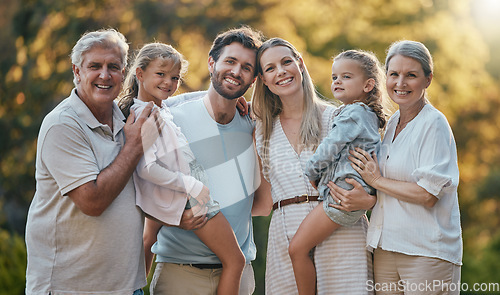 Image of Love, family and grandparents with girls, parents and smile together for bonding, loving and garden. Portrait, grandmother and grandfather with mother, father and daughters for vacation and park.