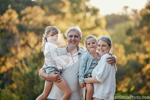 Image of Grandparents, kids and smile at outdoor, park or backyard for bonding, love and care in nature. Senior couple, girl children and happiness together for vacation, portrait and sunshine in Los Angeles