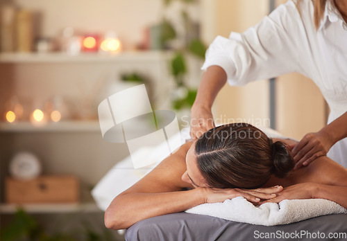 Image of Massage, relax and peace with woman in spa for healing, health and zen treatment. Detox, skincare and beauty with hands of massage therapist on customer for calm, physical therapy or luxury in salon