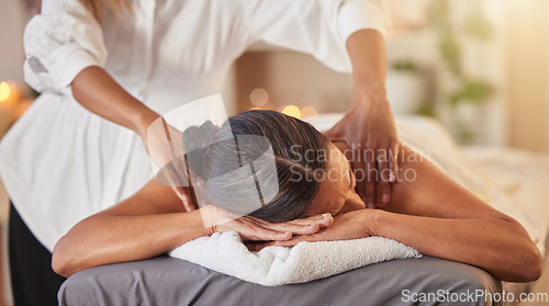 Image of Woman at spa for massage with therapist and holistic treatment, wellness and self care with aromatherapy. Luxury service, health and peace with skincare to relax at salon, masseuse hands for zen.
