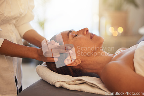 Image of Woman, relax and hands for scalp massage in salon beauty spa for skincare wellness, stress relief and zen body care. Healing therapy, therapist and physical therapy, head or luxury facial dermatology