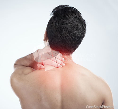 Image of Man, hands or body neck pain and glow on studio background in exercise, workout or training stress, tension or 3d muscle crisis. Injury, sports athlete or fitness person in first aid burnout