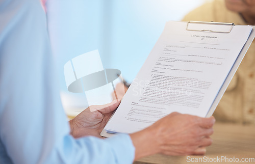 Image of Contract, deal and life insurance, hands and clipboard with agreement, reading legal document and sign paperwork. Compliance, last will and testament with safety and security in retirement or death.