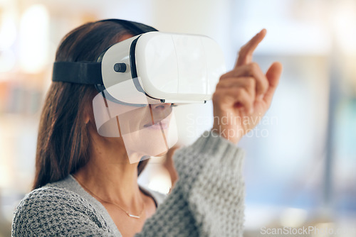 Image of Woman, virtual reality and streaming in home, futuristic tech and internet gaming with ai headset. Vr, 3d innovation and digital transformation, cyber metaverse or video game online experience