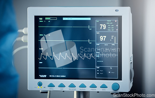 Image of Healthcare, hospital and electrocardiogram monitor or screen. Medical tool, ecg equipment and heart rate device to measure pulse, heartbeat and electrical activity of heart for cardiovascular health.