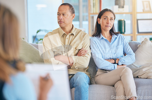 Image of Divorce, therapy and couple consulting therapist for failed marriage. Counseling, consultation and portrait of angry and sad man and woman talking with psychologist for help to save relationship.