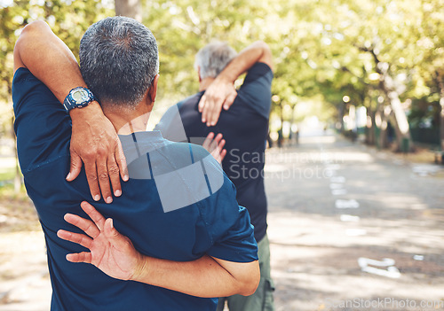 Image of Fitness, elderly men and stretching in park, ready for running and exercise outdoor with hands and warm up back view. Body training, start run and sports motivation with mature runner and workout.