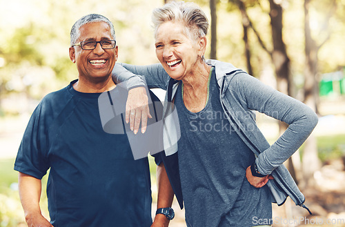 Image of Fitness, funny or old couple of friends in nature laughing at a joke after training, walking or workout. Comic, support or happy senior woman bonding with elderly partner in interracial marriage