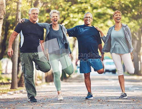 Image of Senior friends, stretching exercise and park with smile, wellness and self care in summer sunshine. Elderly group of people, fitness and healthy workout with motivation for health, nature or teamwork