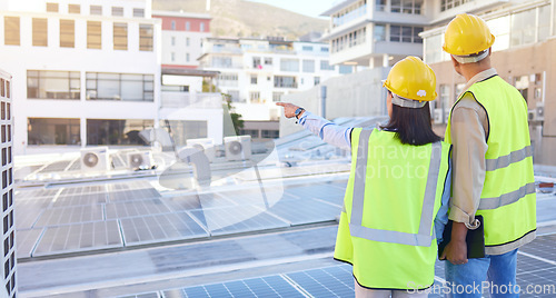 Image of Engineer, back or woman with man, solar energy or sustainable power inspection. Technician, male or female for panels maintenance, eco friendly construction or agriculture for alternative electricity