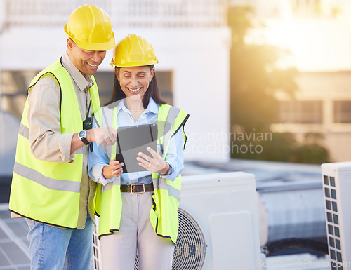 Image of Engineer, man and woman with tablet for online research, schedule for building project and maintenance. Digital, people talking and construction worker with innovation, search internet and inspection