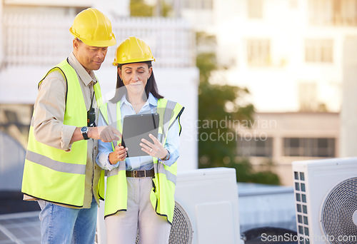 Image of Engineer, man and woman with tablet for online research, schedule for building project and maintenance. Digital, people talking and construction worker with innovation, search internet and inspection