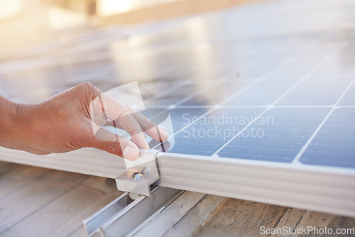 Image of Engineer, hands and solar panel with maintenance, working and industry for renewable energy in sunshine. Working, solar energy and sustainability for future, clean power and photovoltaic electricity
