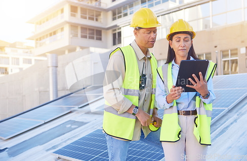 Image of Engineer, man and woman with tablet for online research, schedule for building project and maintenance. Digital, people talking and construction worker with innovation, search internet and inspection