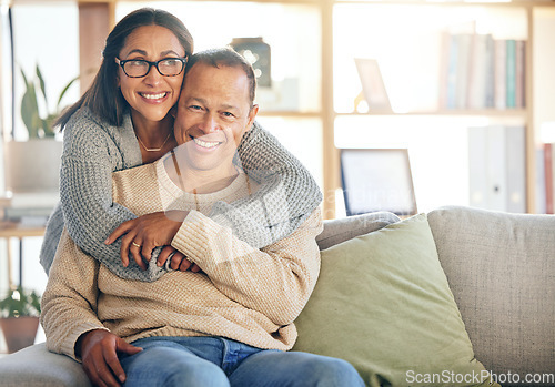 Image of House, relax or mature couple hug on a lovely, peaceful or calm holiday vacation or weekend in Lisbon, Portugal. Portrait, support or happy woman enjoying quality bonding time with a senior partner