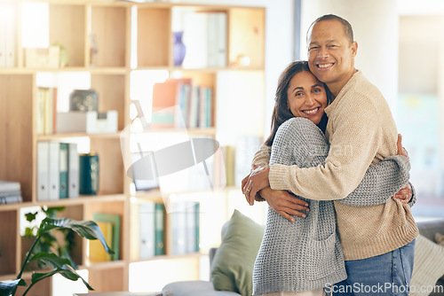 Image of House, relax or mature couple hug on a lovely, peaceful or calm holiday vacation or weekend in Lisbon, Portugal. Portrait, support or happy woman enjoying quality bonding time with a senior partner