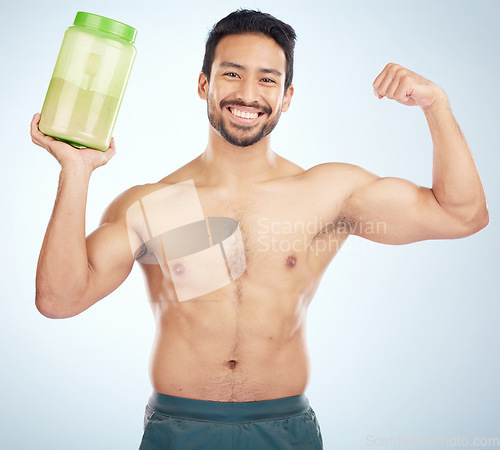 Image of Fitness, studio or strong man with protein shake in training, exercise or body workout supplements for energy. Face portrait, mockup or healthy bodybuilder with bottle for muscle growth nutrition