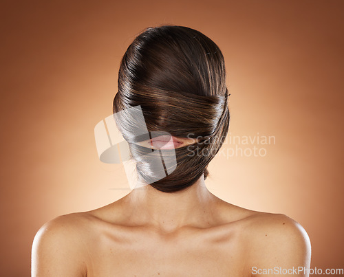 Image of Hair cover face, mask and beauty with hair care, woman and lips for cosmetic marketing with keratin treatment and shine against studio background. Fashion, hairstyle and cosmetics wellness mockup.