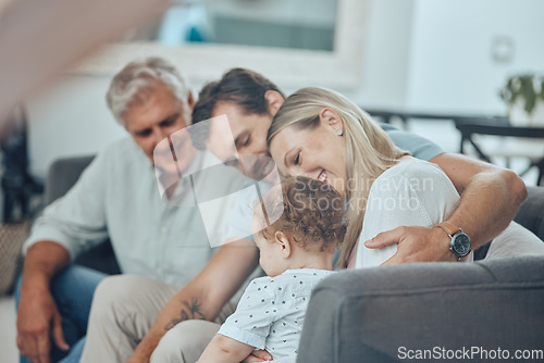 Image of Family, love and together with generations in living room, happy with parents, child and grandfather in family home. Happy family, bonding and support, relax at home with quality time and happiness.