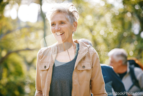 Image of Elderly woman, fitness and hiking in park, happy with freedom outdoor and exercise with active lifestyle and wellness. Travel, hiking in Colorado and senior in retirement with happiness and nature.