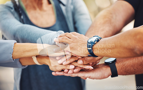 Image of Hands, group and fitness target for wellness, health and results in nature. Teamwork with hand, friends connect and partnership for deal, goal and success together, celebration and sport achievement.