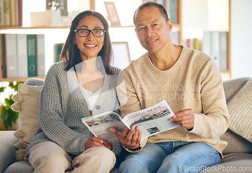 Image of House, relax or couple with newspaper or magazine reading local political information while resting on living room sofa. Portrait, portrait or happy woman loves reading or bonding with mature partner