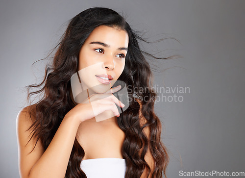 Image of Beauty, hair care or girl model in studio grooming with healthy natural growth products for self love or self care. Studio background, wellness or beautiful woman with pride, confidence or freedom