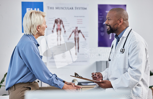 Image of Health, doctor with patient and consultation with medical exam, hospital and conversation about healthcare. Black man with senior woman, clipboard with info for health care, medicine and clinic