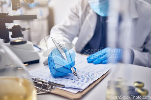 Image of Research, clipboard and scientist writing, checklist and schedule form in laboratory. Science, researchers and make notes for data analysis, sample test and innovation for healthcare and medical cure