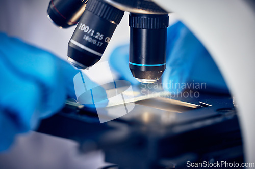 Image of Microscope, bacteria or hands working in a science or chemistry laboratory for future healthcare innovation. Research, biotechnology or scientist testing germs, molecules or particles on petri dish