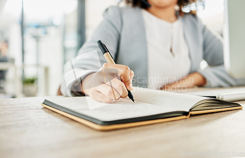 Image of Notebook, pen and hands of woman writing, planning and working on calendar schedule for corporate business event. Paper, receptionist and secretary with pencil, planner and journal for message notes
