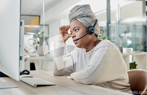 Image of Call center, black woman with headache from burnout, employee fatigue, frustrated and glitch with CRM, contact us and computer. Mental health, pain and computer screen, tired and mistake with crisis.