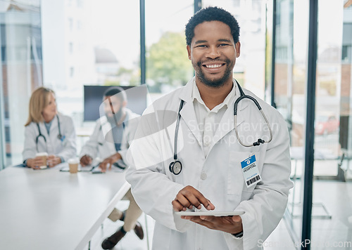 Image of Portrait, black man and doctor with tablet, digital analysis and schedule surgery in hospital. African American male, medical professional and online research for cure, diagnosis and healthcare.