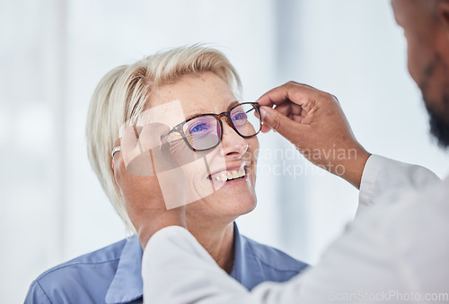 Image of Vision, glasses with doctor and patient, eyes health and optometry, senior woman with black man at clinic. Eye exam, ophthalmology and health insurance with happy customer, consultation and glaucoma.